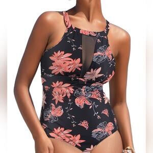 New One Piece Swimsuit Floral Bathing Suit Mesh 496‎ Tummy Control Size L
